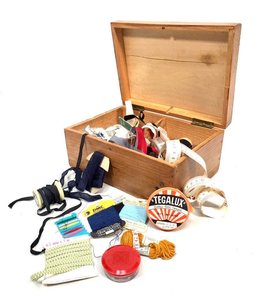 Antique Wood Storage Box With Haberdashery Sewing Collectable Items 20th Century photo buy