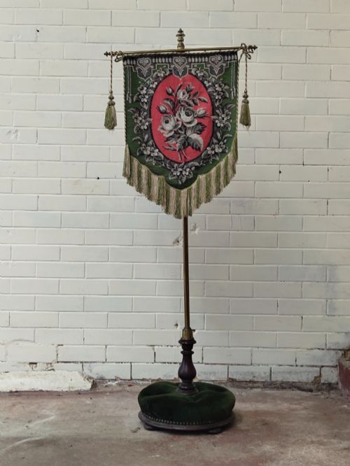 Antique Victorian Country House Velvet Needlework Fireside Brass Pole Screen