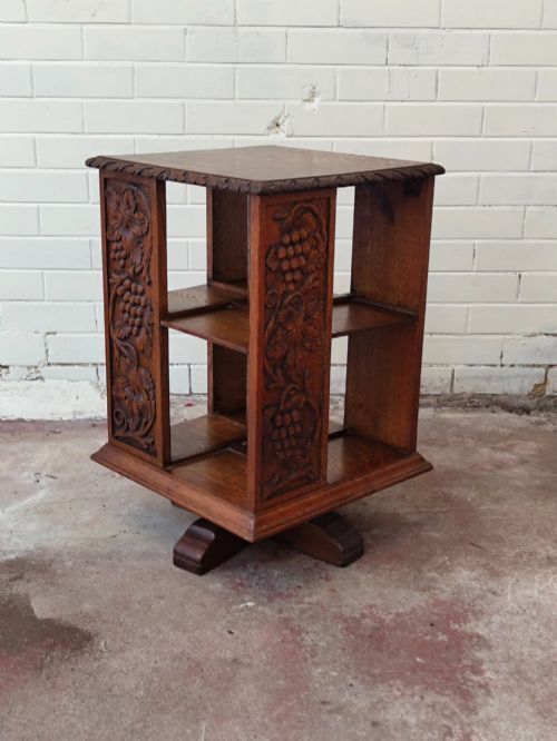 Furniture Antique Victorian Carved Golden Oak Revolving Bookcase photo