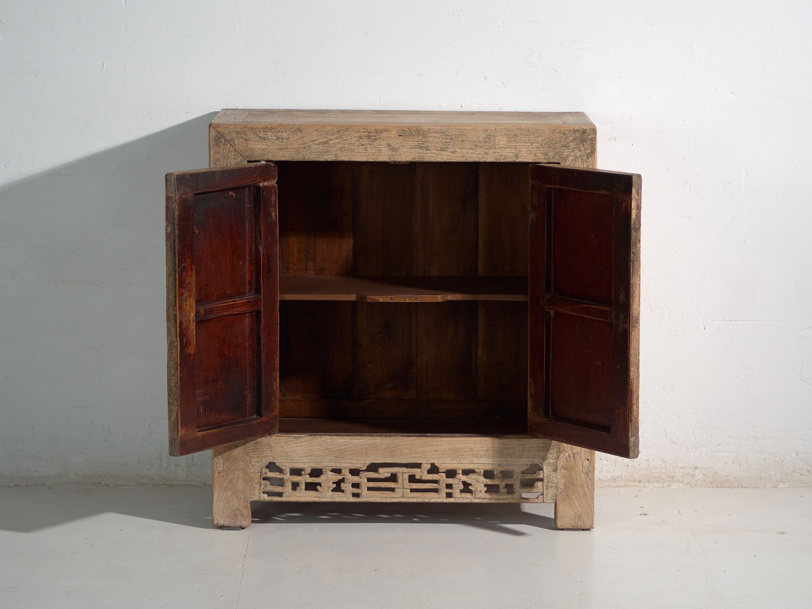 Antique Low Cabinet In Elm With Fretwork Apron – China, Circa 1950 photo vinterior