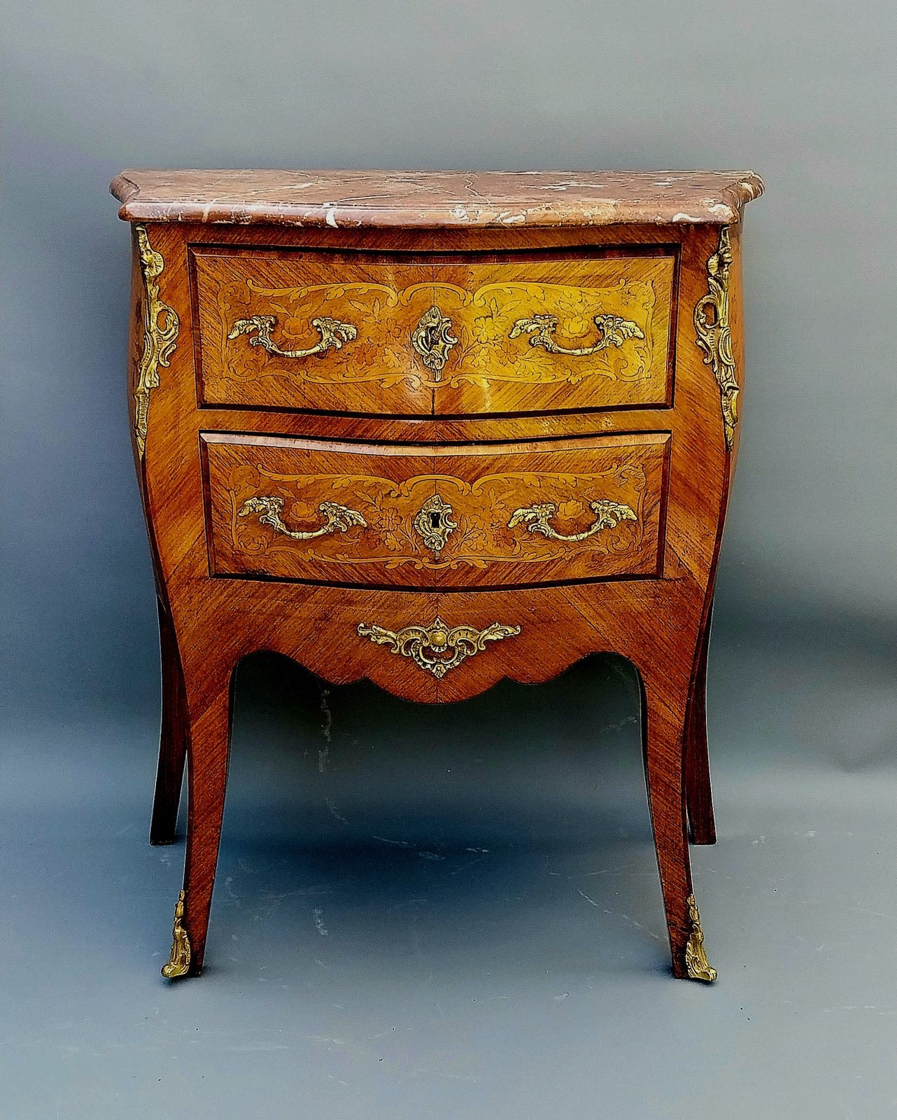 Small Antique French Inlaid Bombe Shaped Chest Of Drawers Marble Top photo 975.0