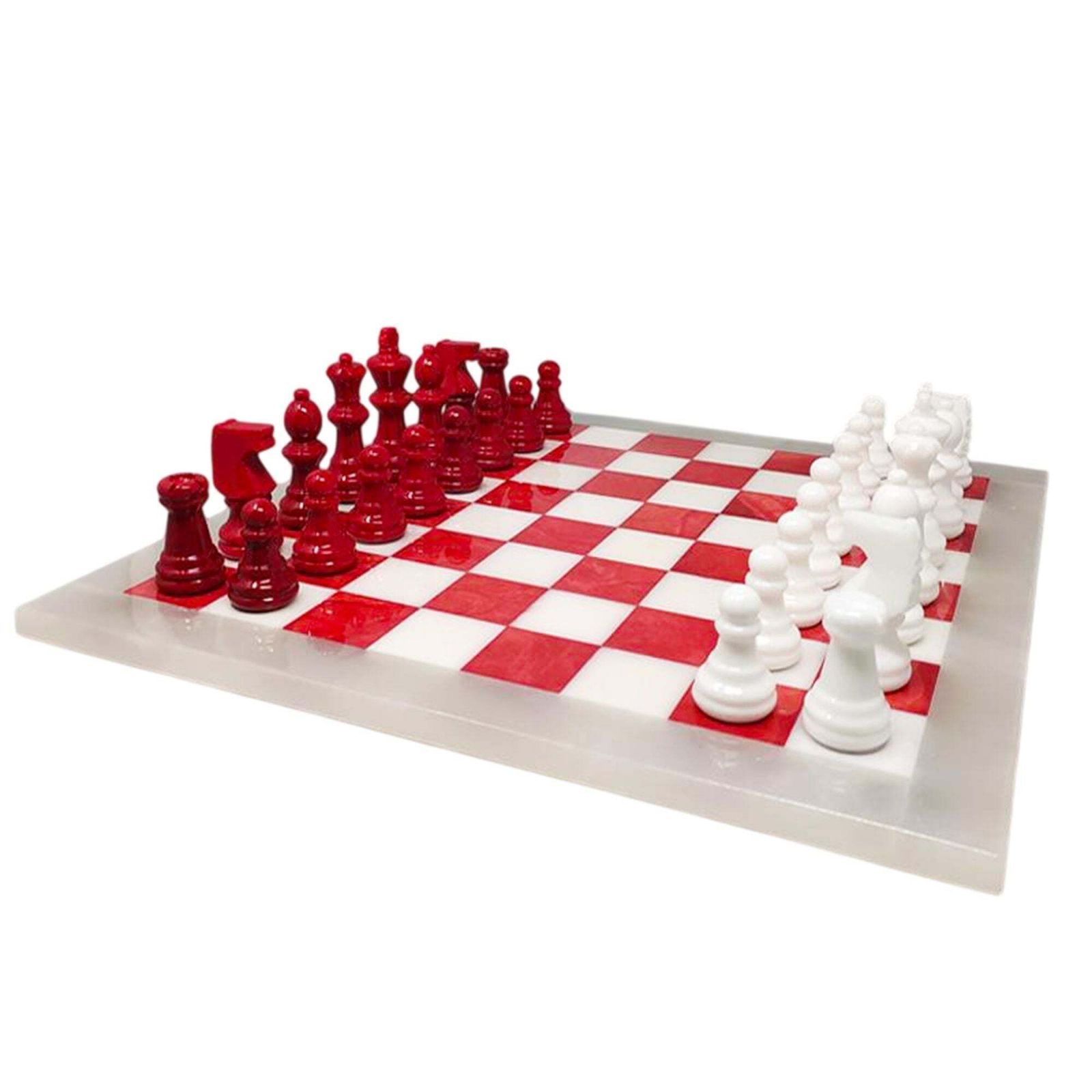 1970s Italian Volterra Alabaster Chess Set – Rare In Red & White. Made In Italy