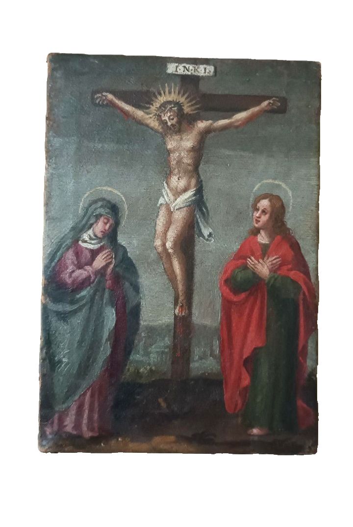 Antique Painting, Oil On Canvas Crucifixion, 18th Century