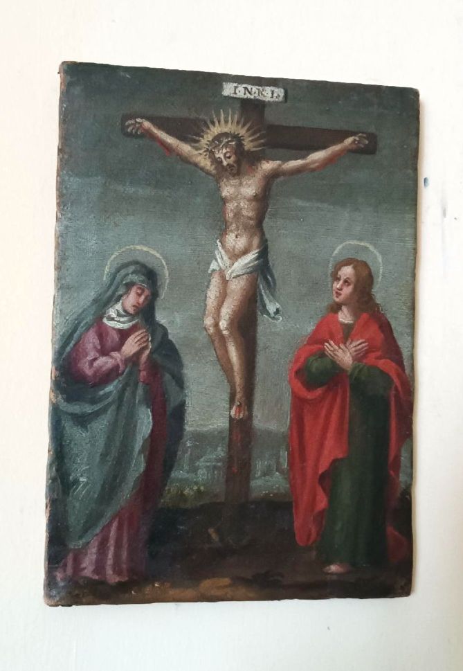 Antique Painting, Oil On Canvas Crucifixion, 18th Century photo furniture