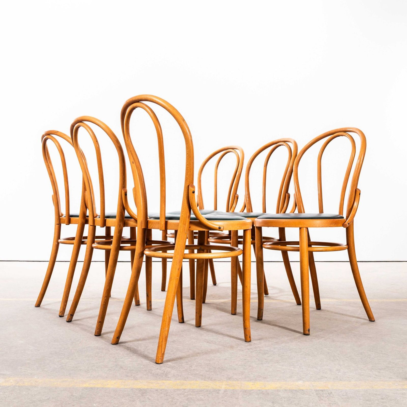 1970’s Original Blonde Hoopbacks With Green Rexine Upholstered Seat photo for sale