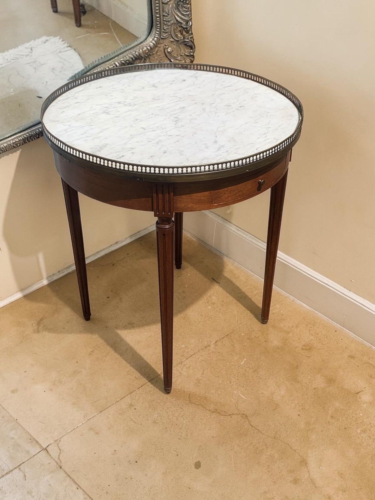 French Louis XVI Mahogany Bouillotte Table Marble Top 2 Drawers 2 Slides C1890 photo for sale