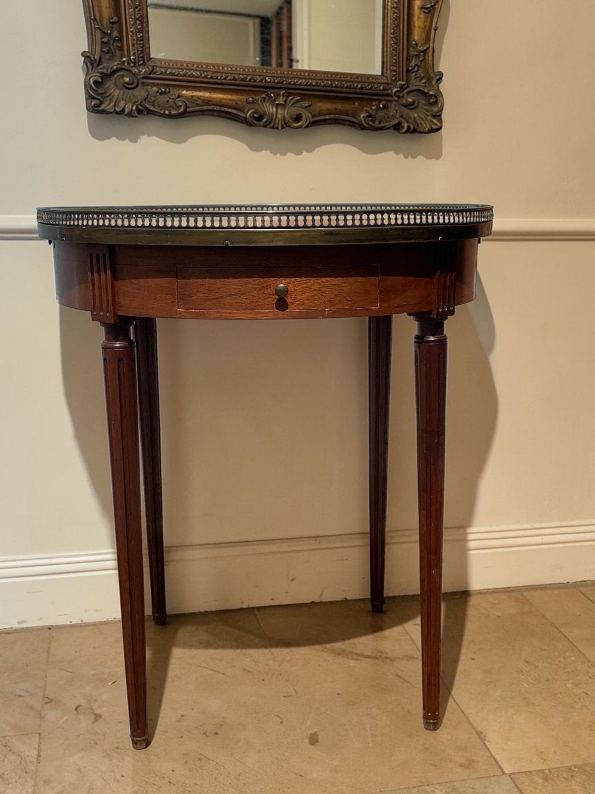 photo furniture French Louis XVI Mahogany Bouillotte Table Marble Top 2 Drawers 2 Slides C1890