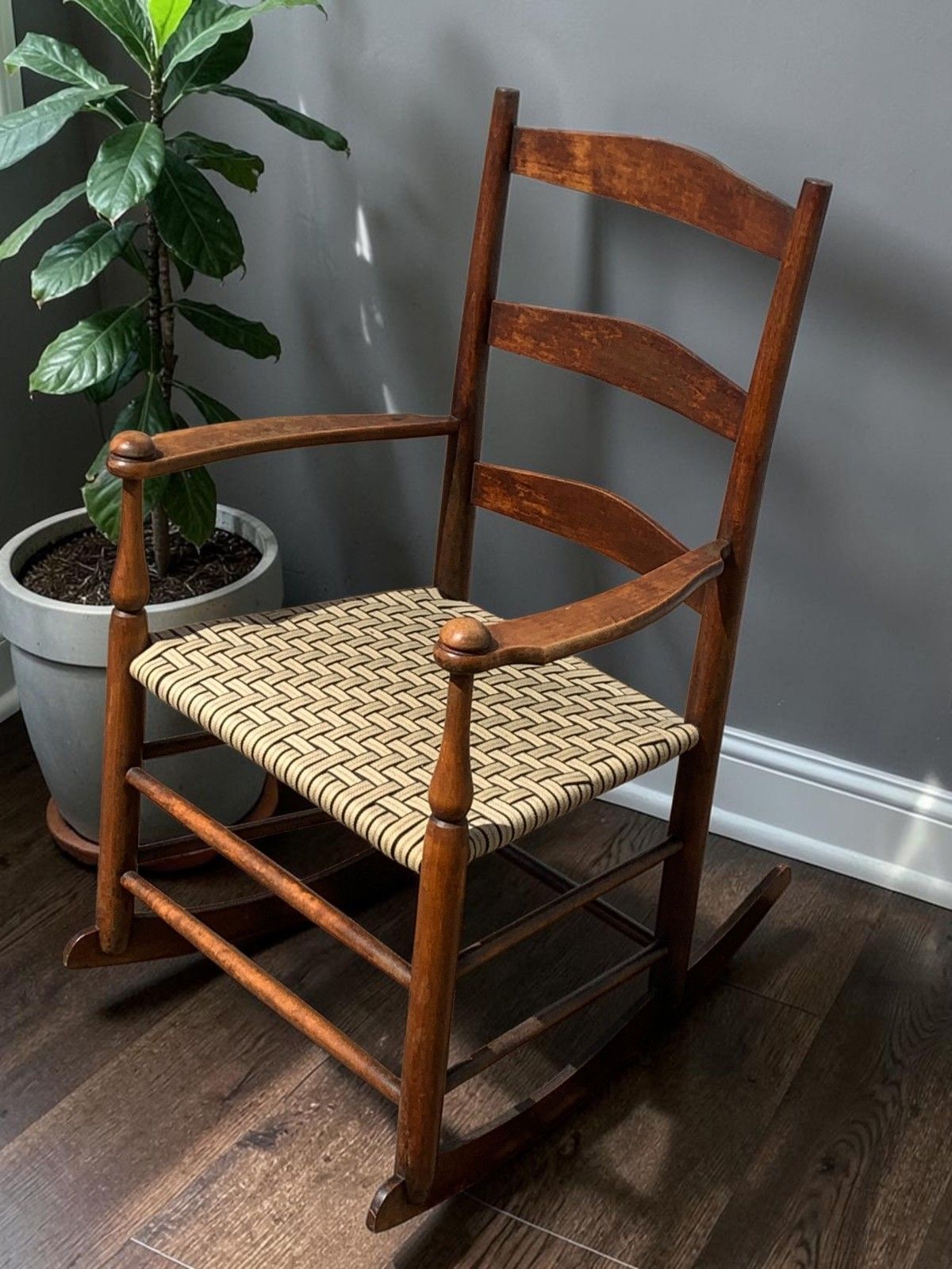 Antique American Child's Shaker Ladderback Rocking Chair Woven Seat C.1900
