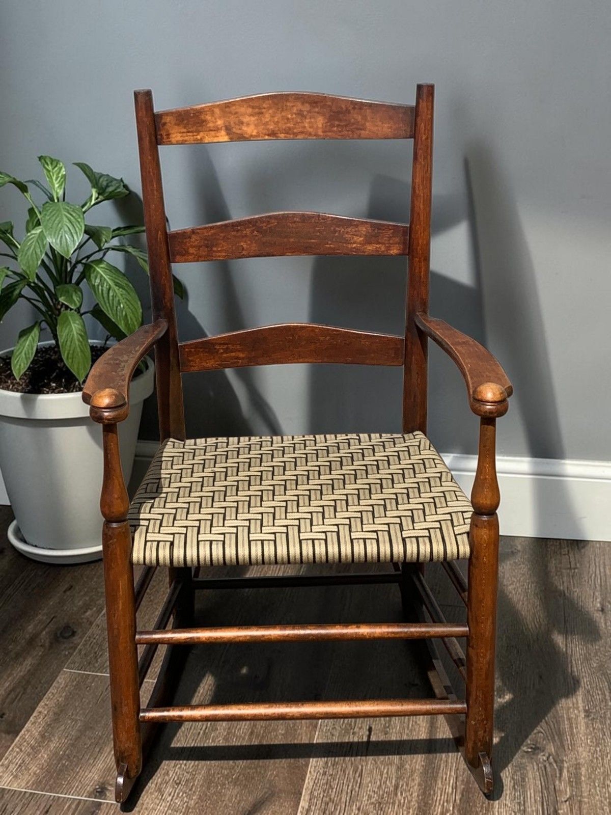 Antique American Child's Shaker Ladderback Rocking Chair Woven Seat C.1900 photo vintage