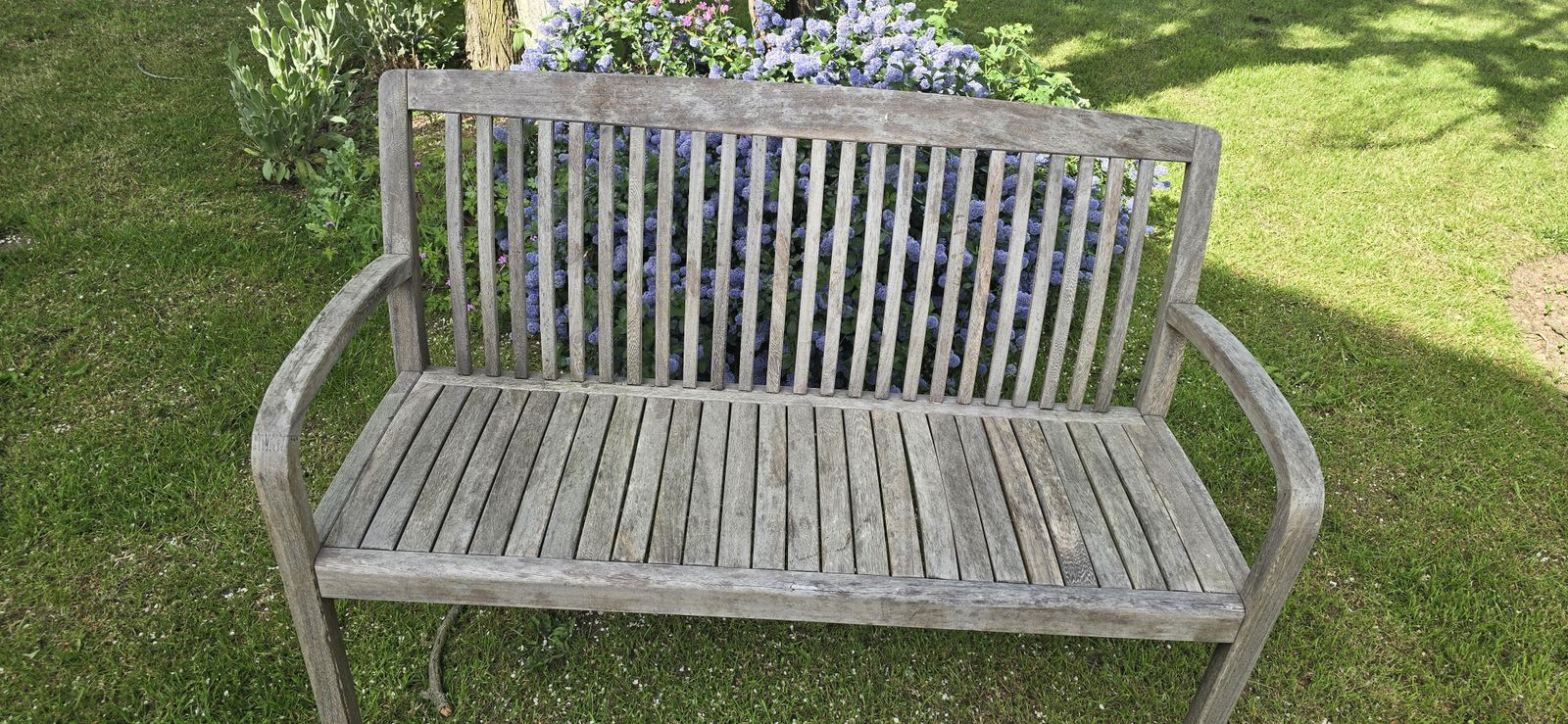 Well Weathered Silvered Teak Garden Bench photo for sale