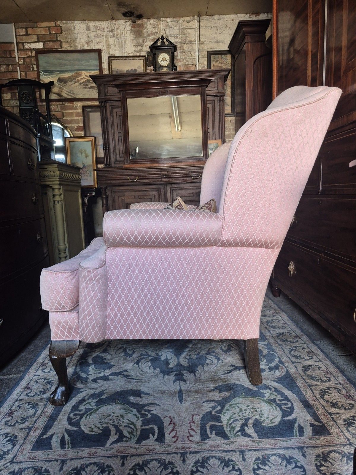 Pink Silk Georgian Style Vintage Gentlemans Humpback Armchair Ball & Claw Feet photo for sale