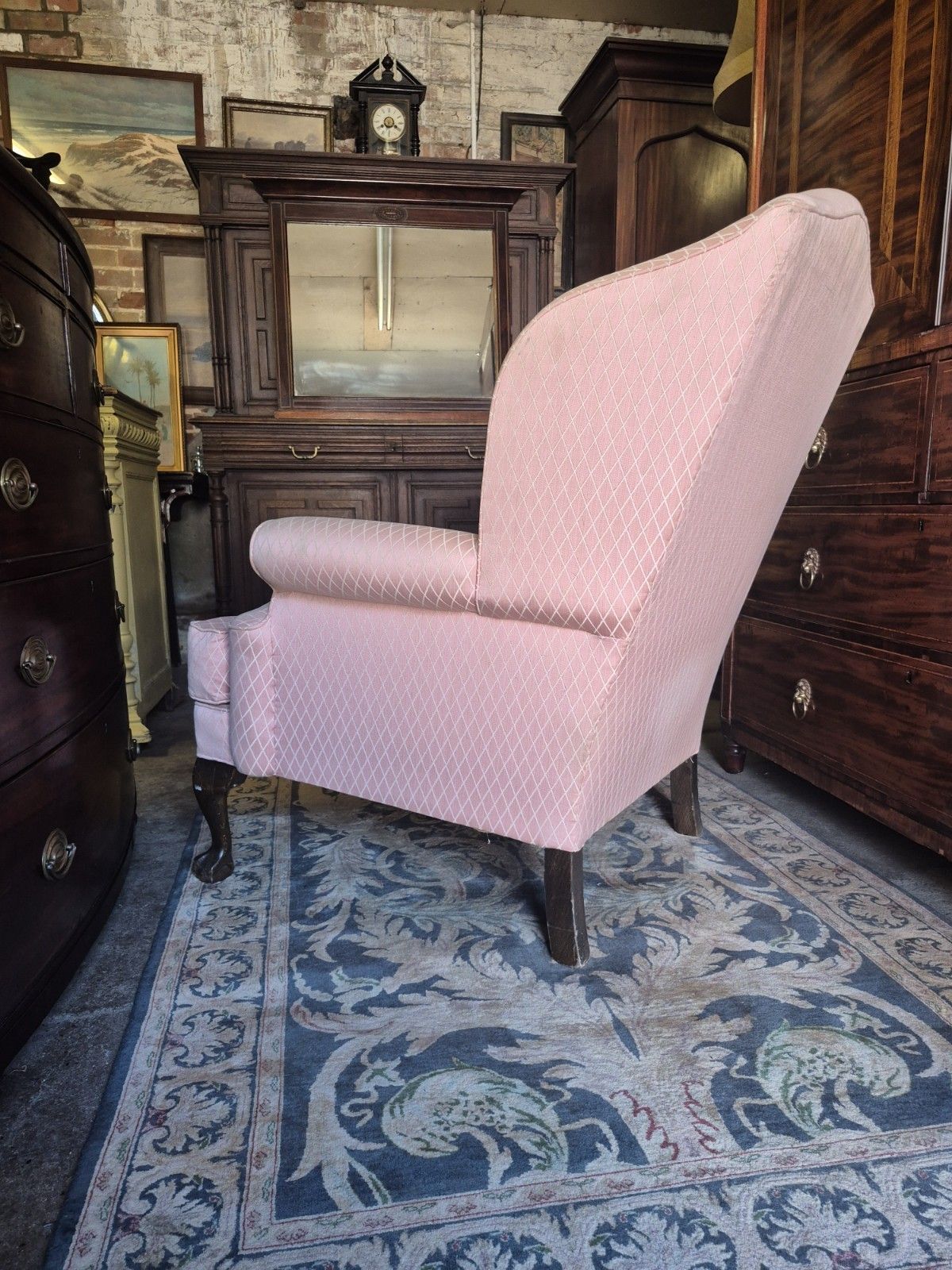Pink Silk Georgian Style Vintage Gentlemans Humpback Armchair Ball & Claw Feet photo Furniture
