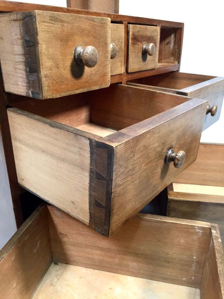 Antique Wooden Large Pine Tabletop Apothecary / Seed Merchant Drawers / Cabinet photo vintage