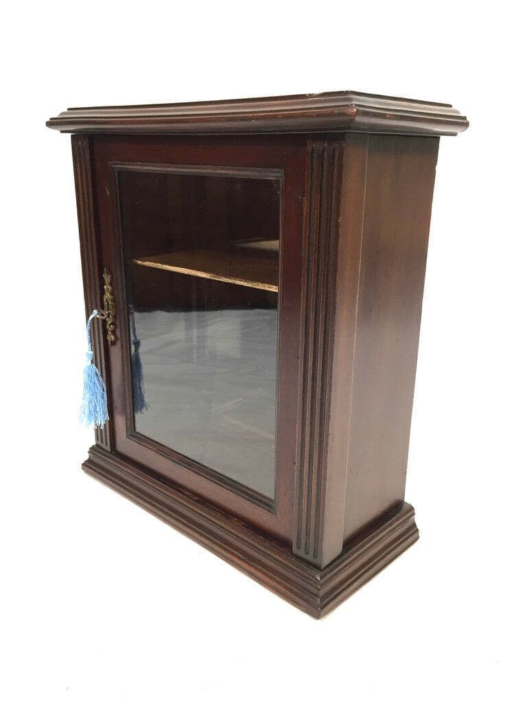 Antique Wooden & Glass Fronted Tabletop / Wall Storage Cabinet Shelf With Key photo furniture