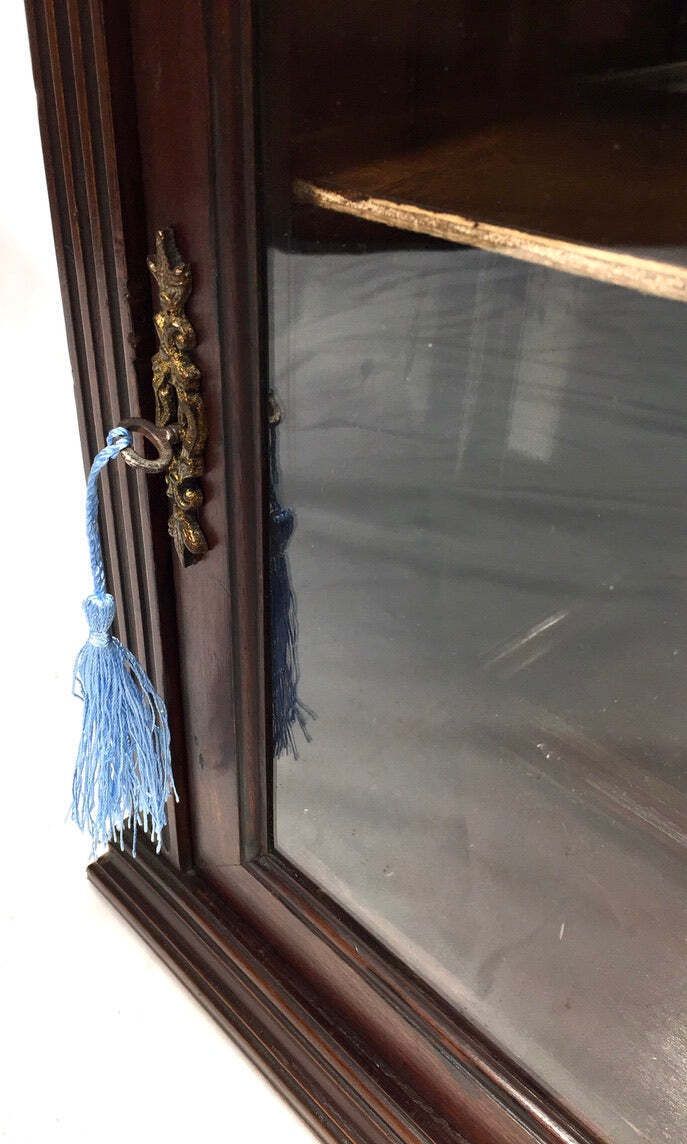Antique Wooden & Glass Fronted Tabletop / Wall Storage Cabinet Shelf With Key photo vinterior