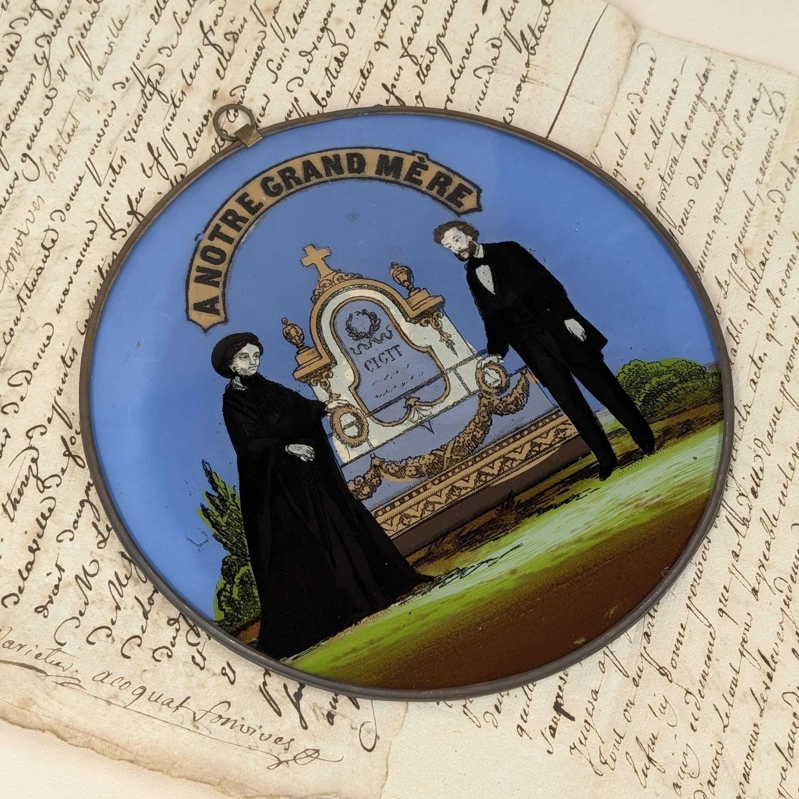 Antique Painted Glass Mourning Plaque, French Memorial Art Grand Mere 19th Century Macabre Decor Victorian Tomb Scene photo Art