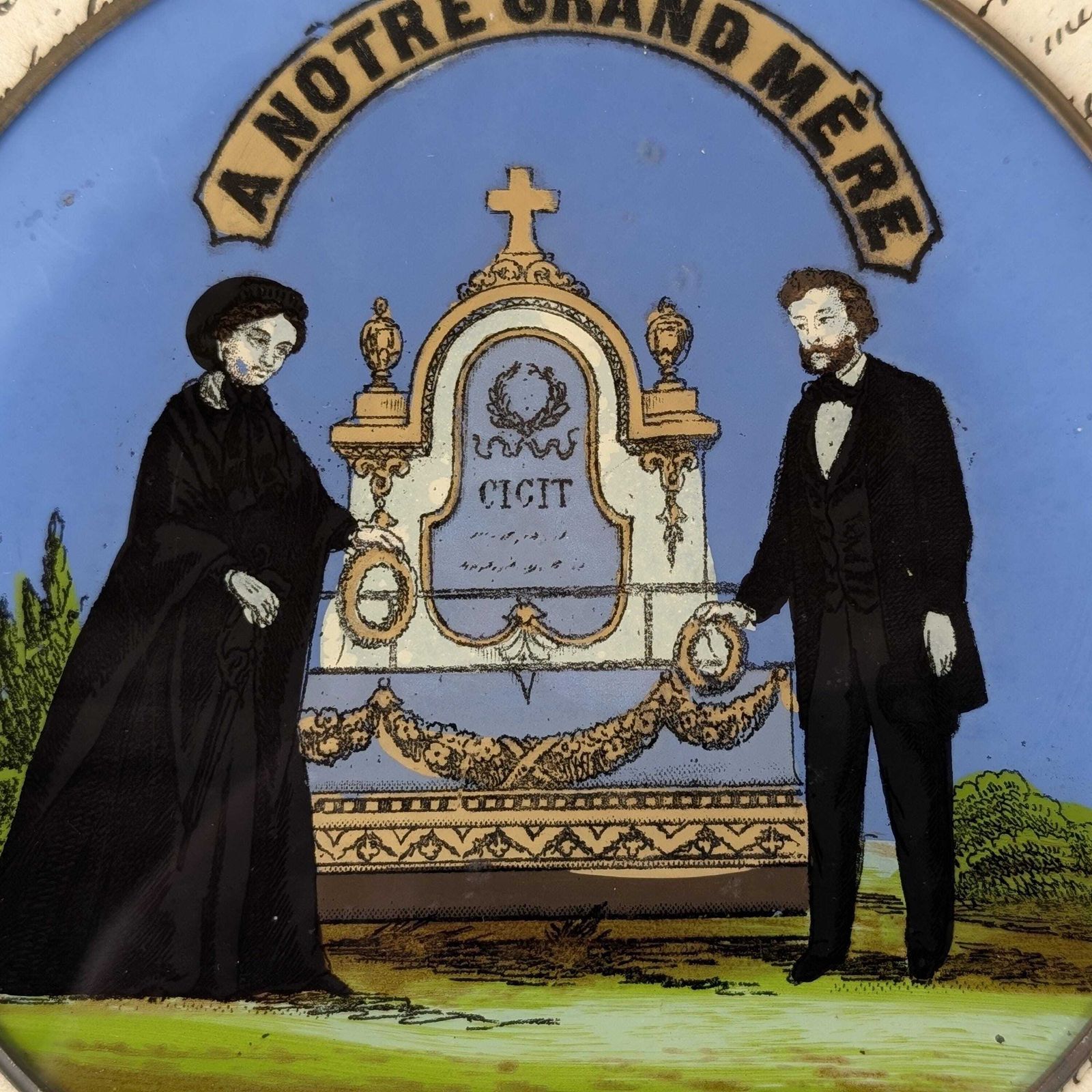 Antique Painted Glass Mourning Plaque, French Memorial Art Grand Mere 19th Century Macabre Decor Victorian Tomb Scene photo vintage
