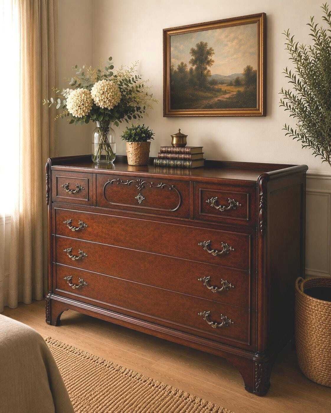 French Mahogany Chest Of Drawers – Large Vintage Statement Chest With Brass Handles photo furniture