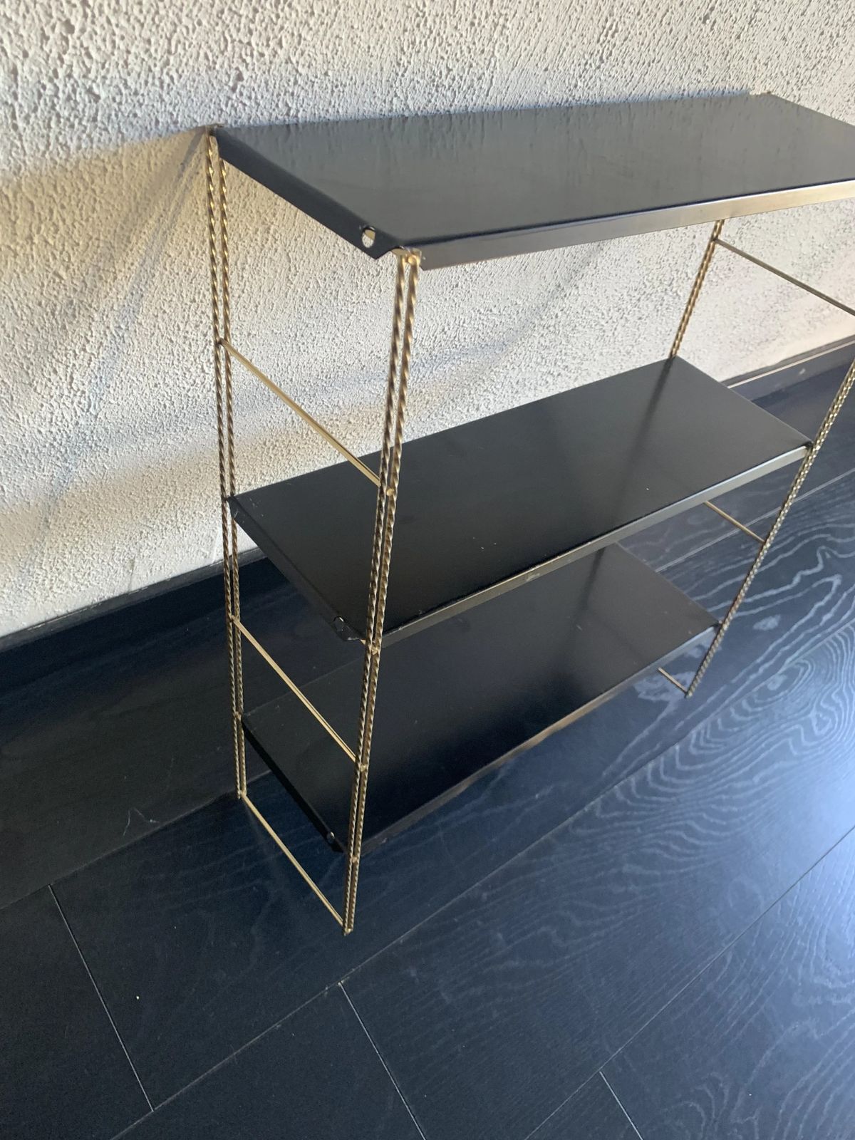 Vintage 1960s String Wall Shelf, Black And Gold   60 X 48 Cm photo vinterior