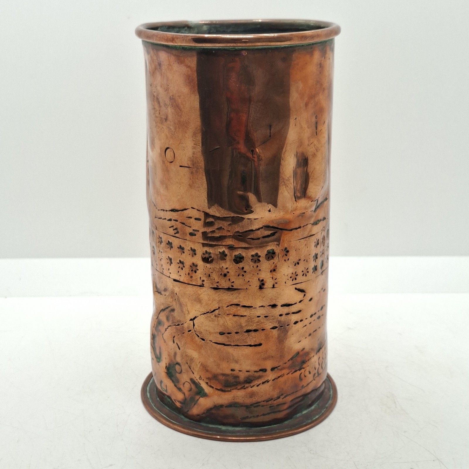 Newlyn Copper Vase Arts And Crafts Repousse Fish Boats Lighthouse Antique photo furniture