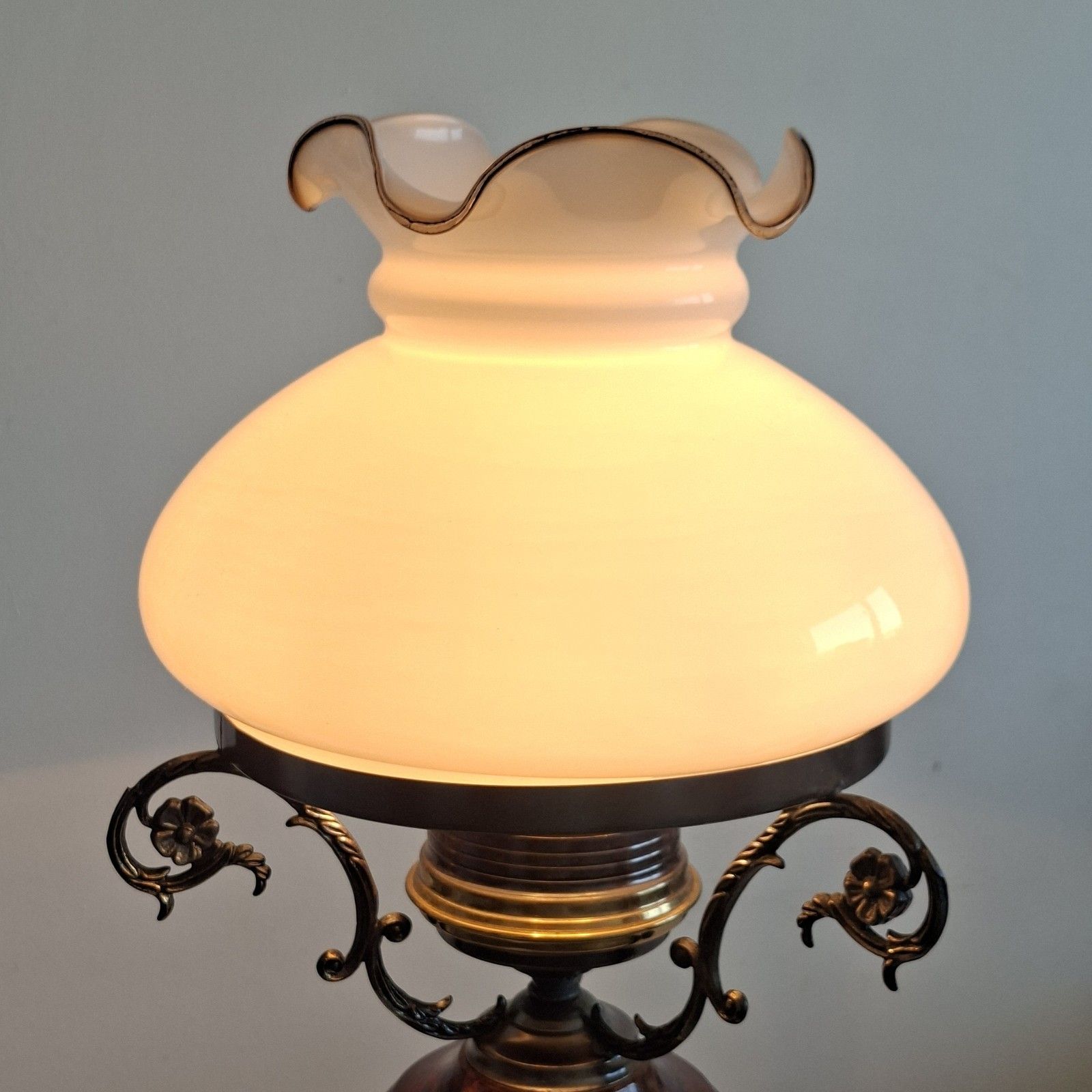 photo for sale Italian Electric Oil Style Table Lamp Turned Wood Glass Shade Vintage Lighting