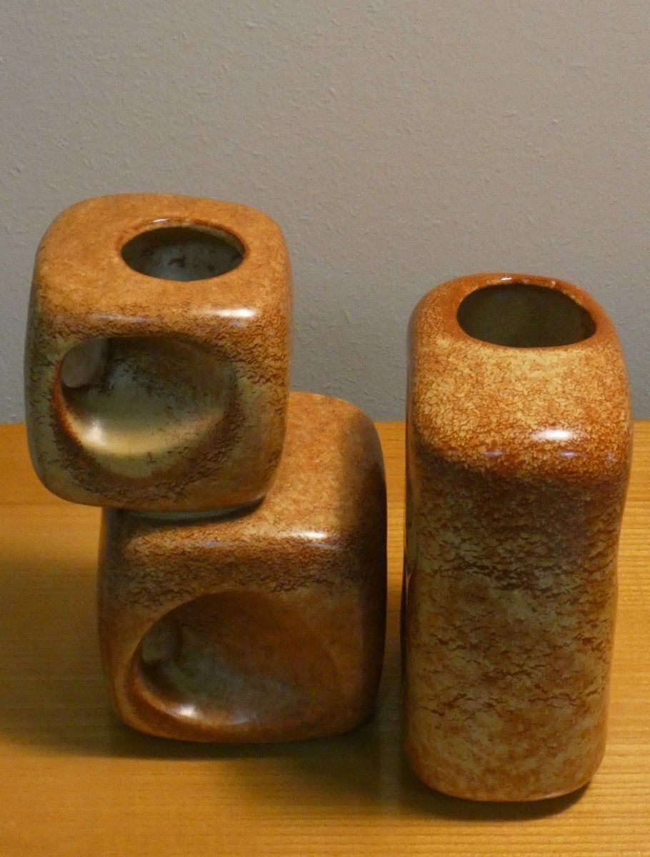 Vases With Geometric Shapes By Roberto Rigon For Bertoncello Ceramiche Darte, Italy, 1970s, Set Of 2 photo for sale