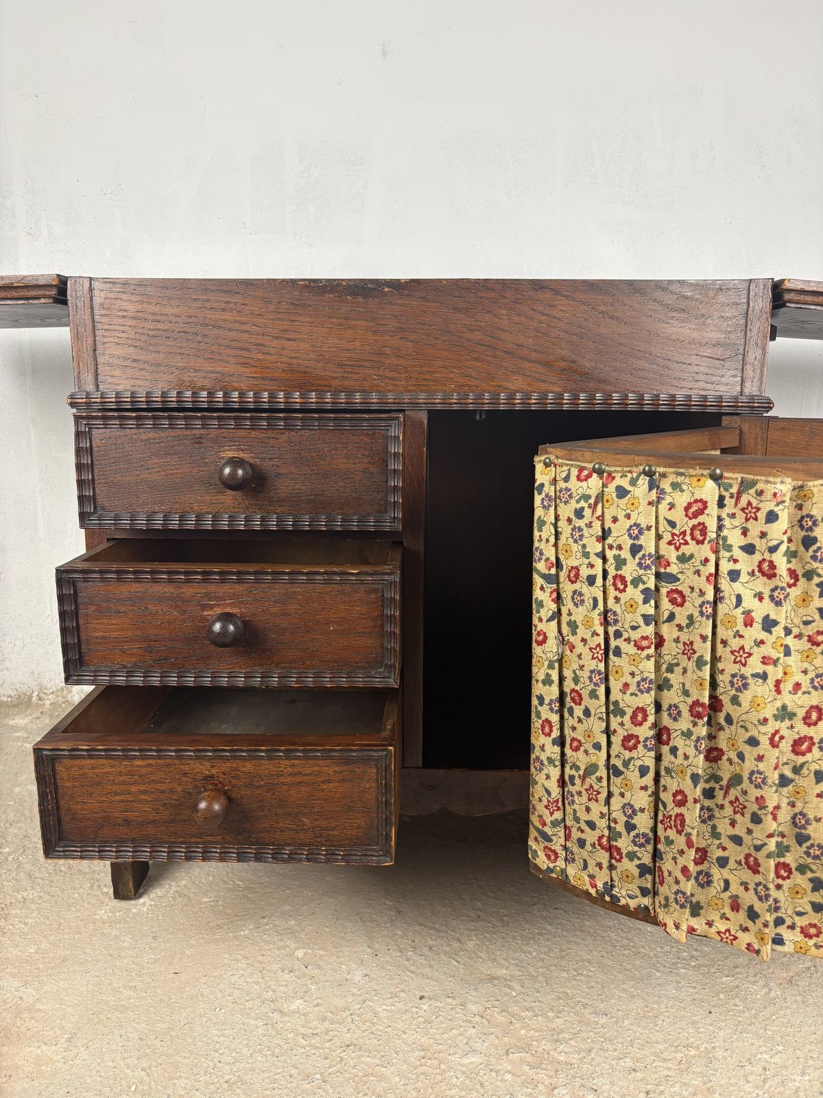 Furniture Spanish Oak Sewing Cabinet With Fabric Basket, Early 20th Century photo