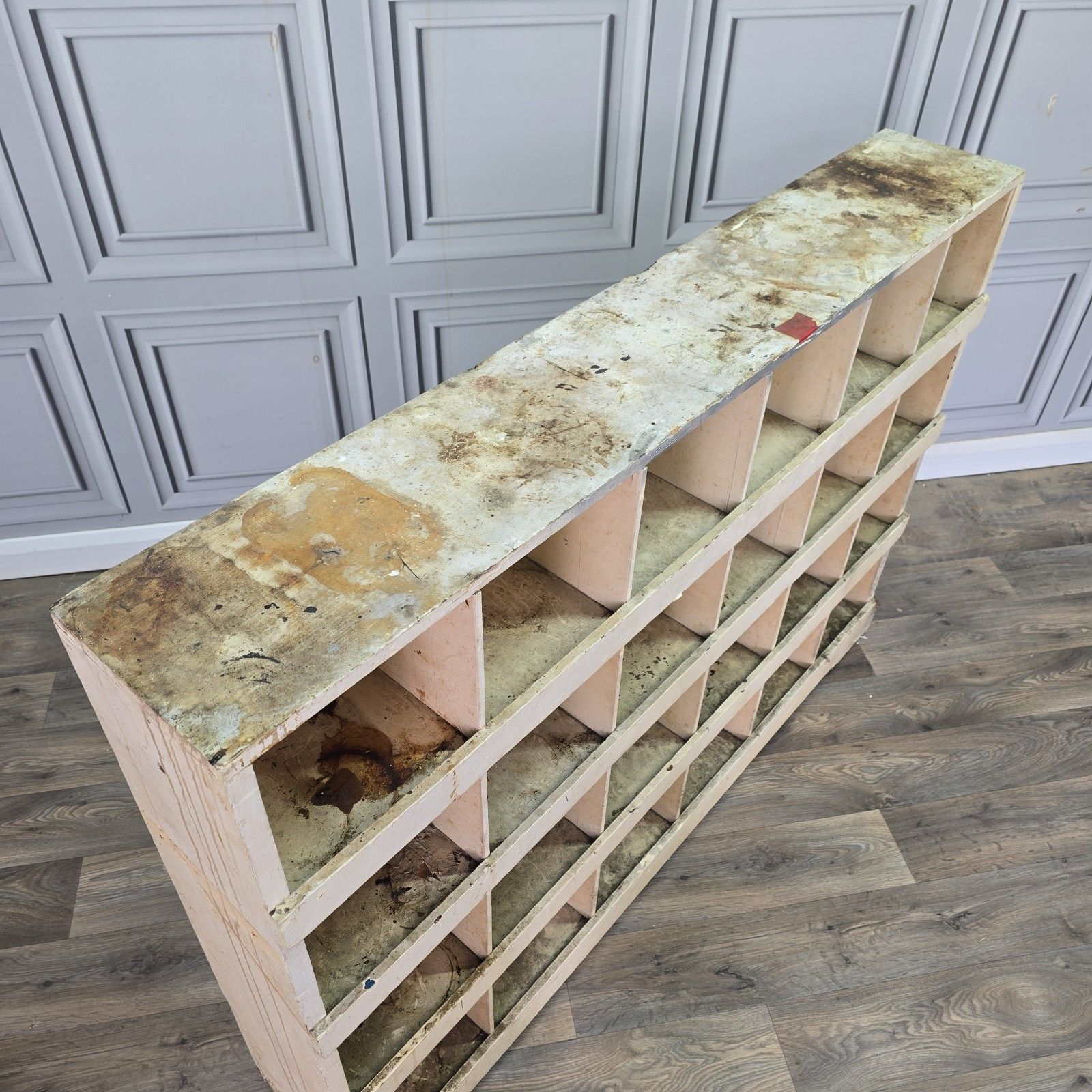 photo furniture Vintage Workshop Pigeon Hole Shelving Unit Industrial Rustic Painted Wood Retro