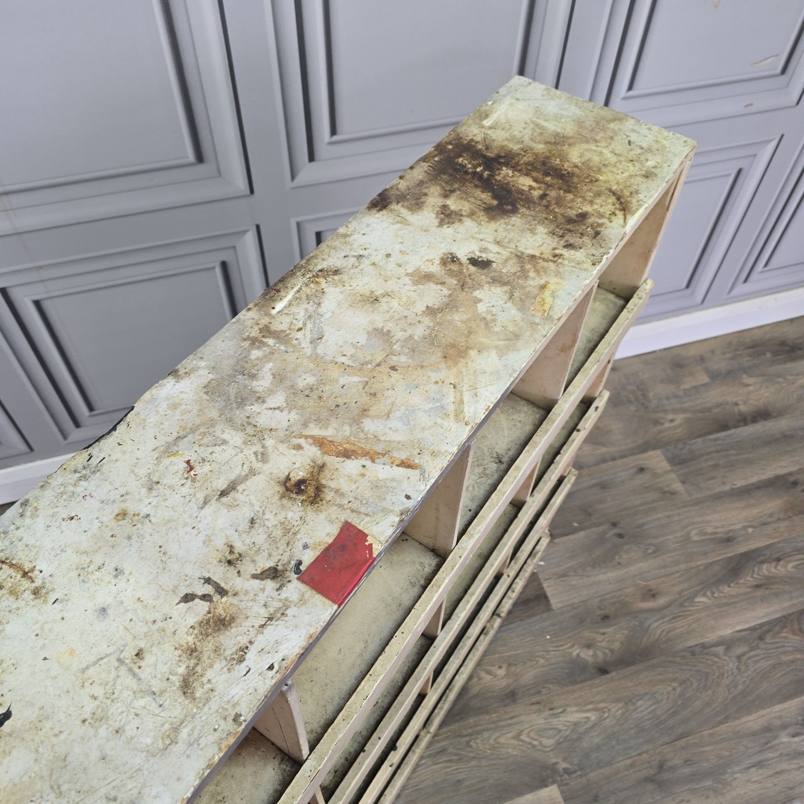 Furniture Vintage Workshop Pigeon Hole Shelving Unit Industrial Rustic Painted Wood Retro photo