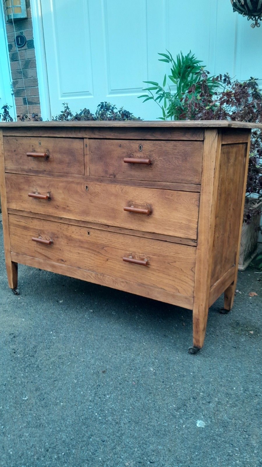 Vintage Solid Rustic Oak Chest Of 4 Drawers With Original Handles