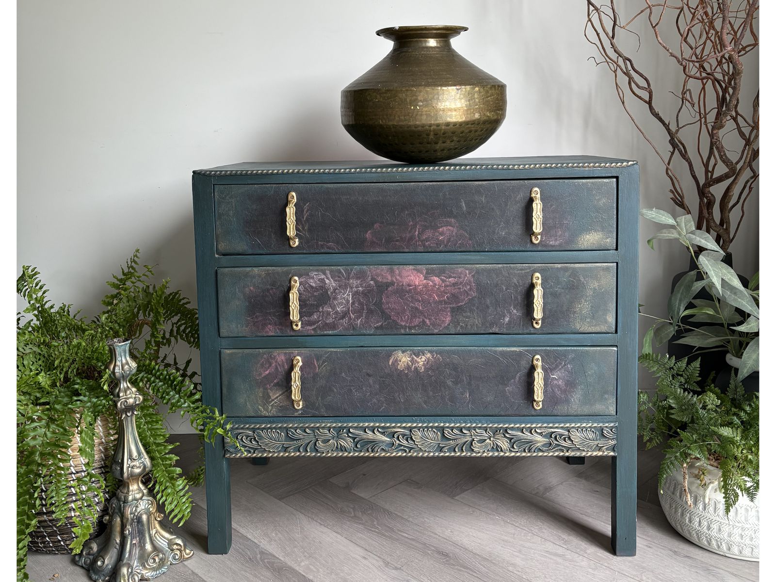 Oak Chest Of Drawers, Hand Painted, Floral Details