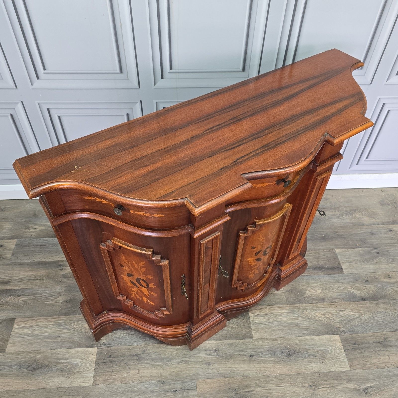Vintage Italian Sideboard Inlaid Serpentine Cabinet Cupboard Antique Style photo for sale