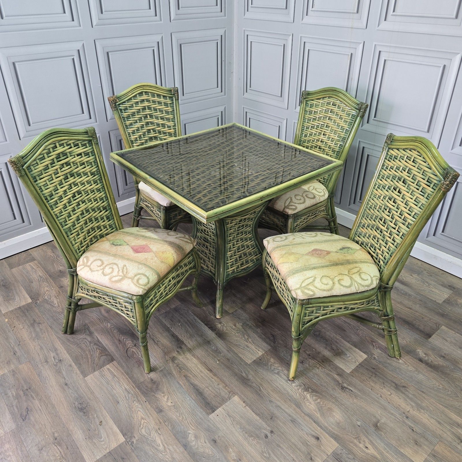 Vintage Garden Dining Set Table & 4 Chairs Glass Top Rattan Wicker Retro