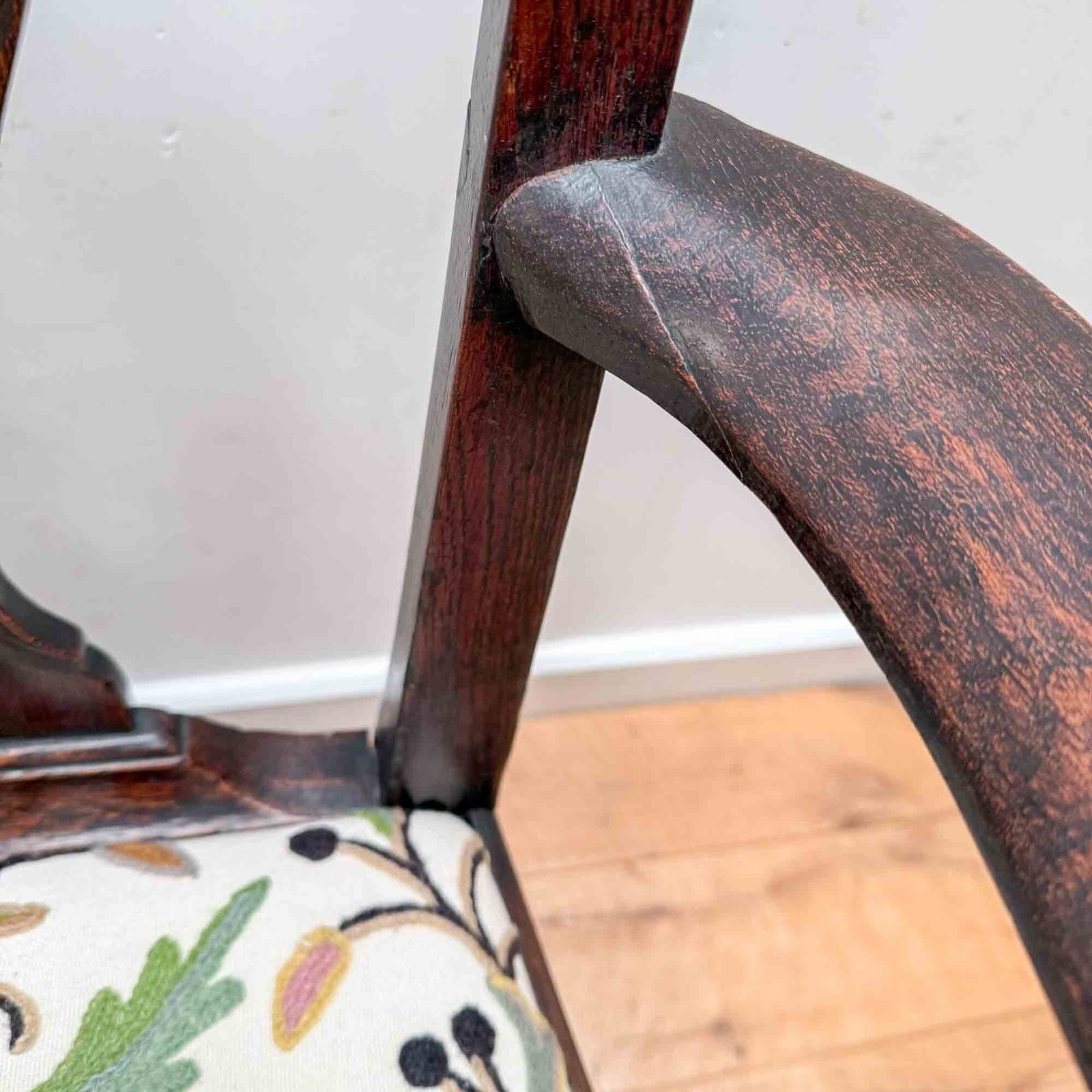 375.0 Antique Oak Carved Chair With Crewel Work Seat photo