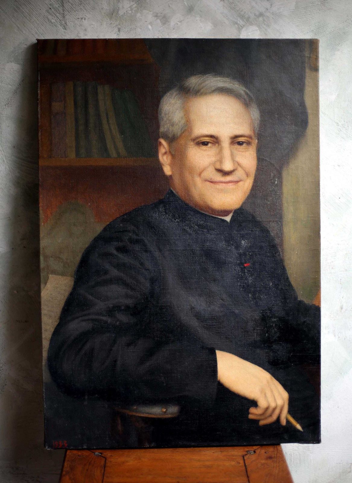 Original Antique Male Portrait Painting Of French Priest Large Oil On Canvas Religious Man photo for sale