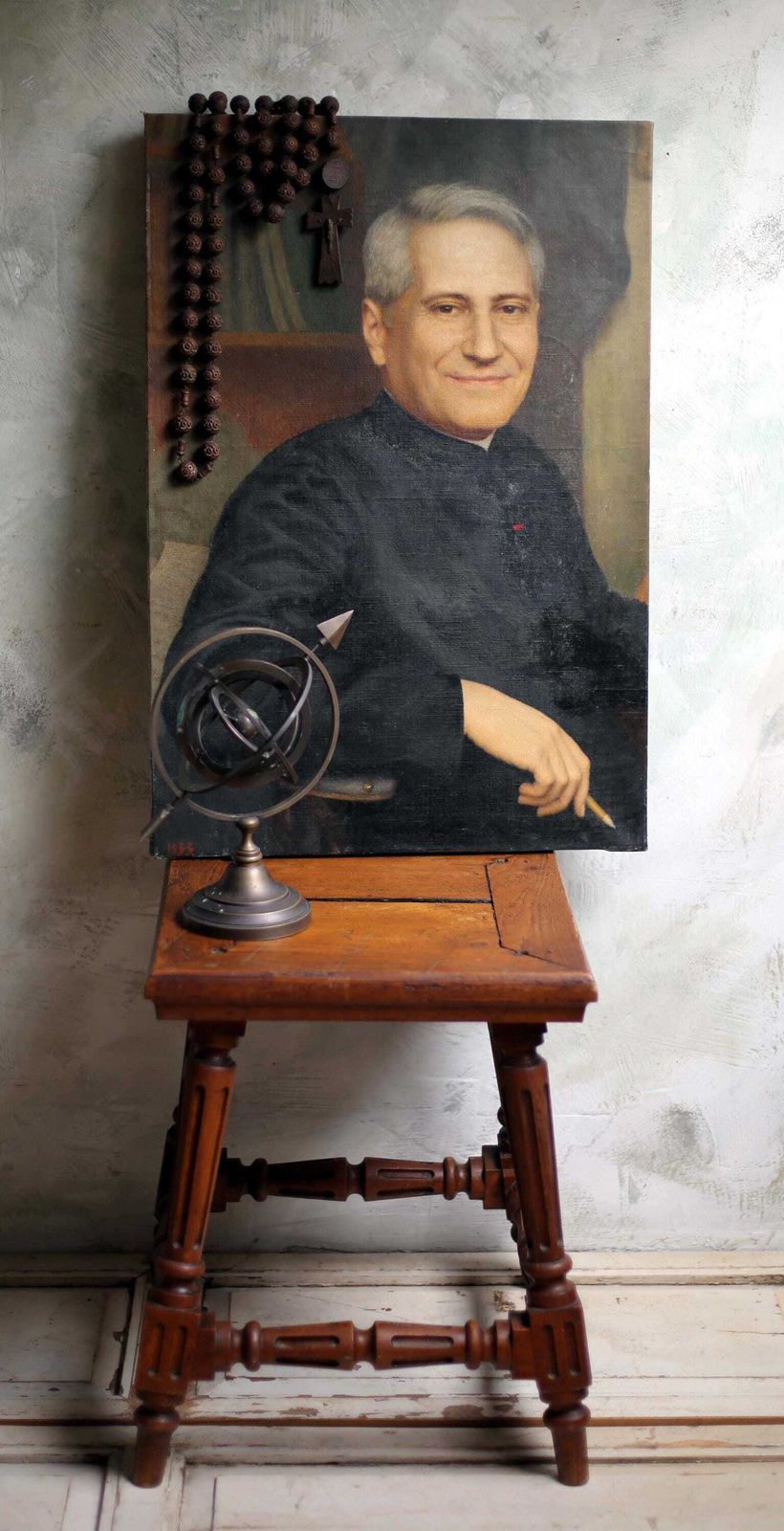 Original Antique Male Portrait Painting Of French Priest Large Oil On Canvas Religious Man photo Art