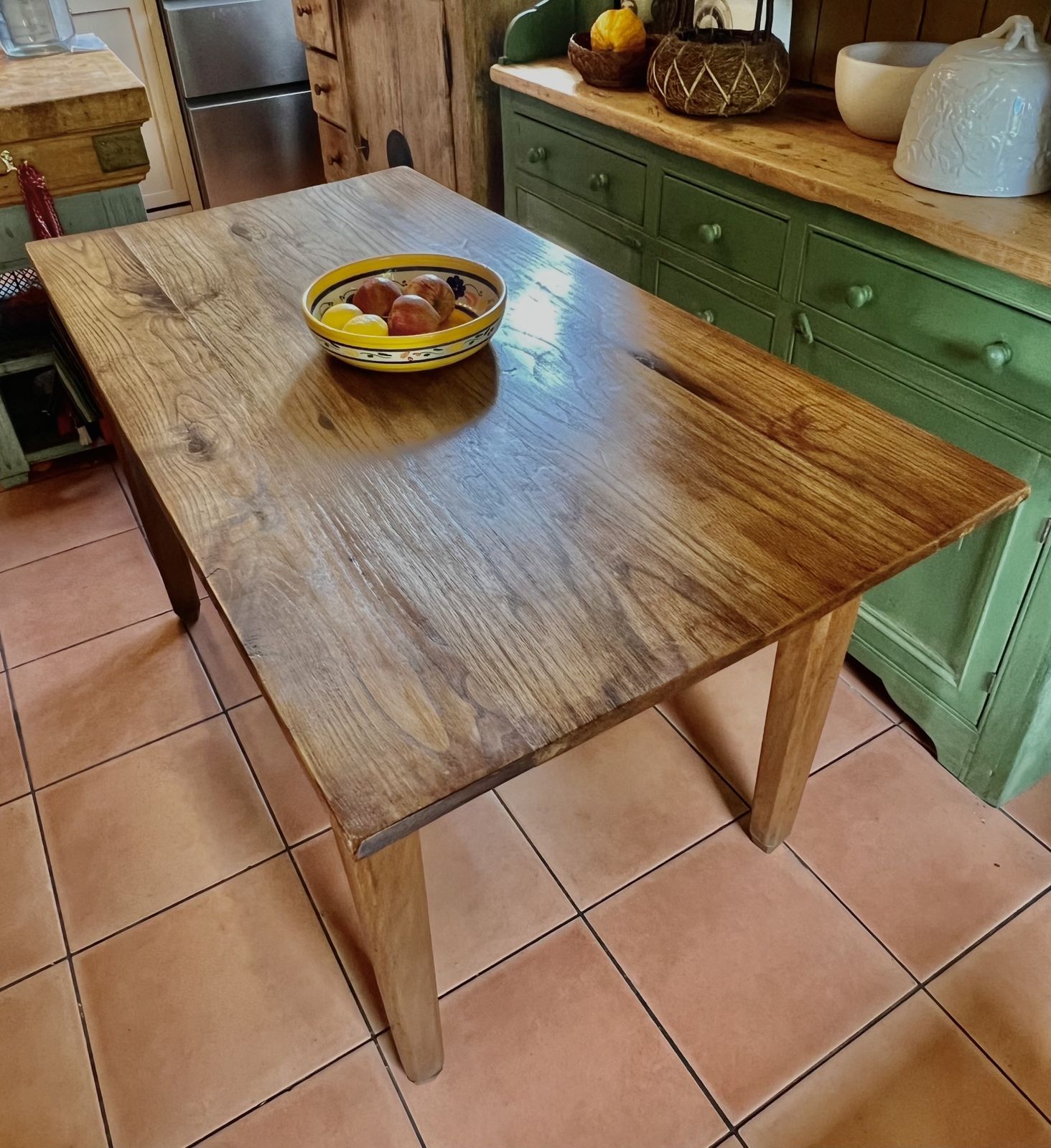 Antique Rustic French Oak & Elm Country Farmhouse Kitchen Dining Table On Tapered Legs photo vinterior