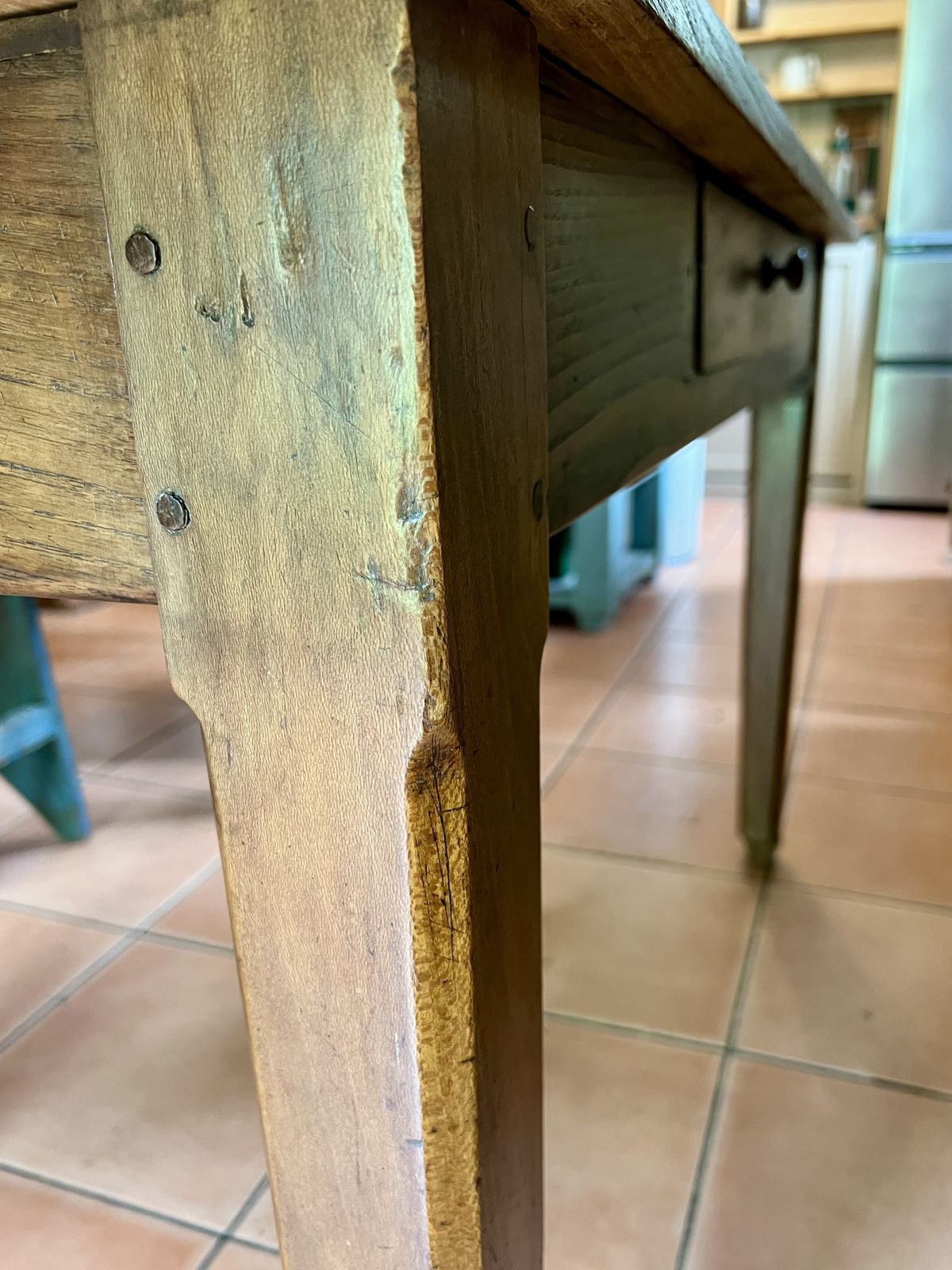 photo for sale Antique Rustic French Oak & Elm Country Farmhouse Kitchen Dining Table On Tapered Legs