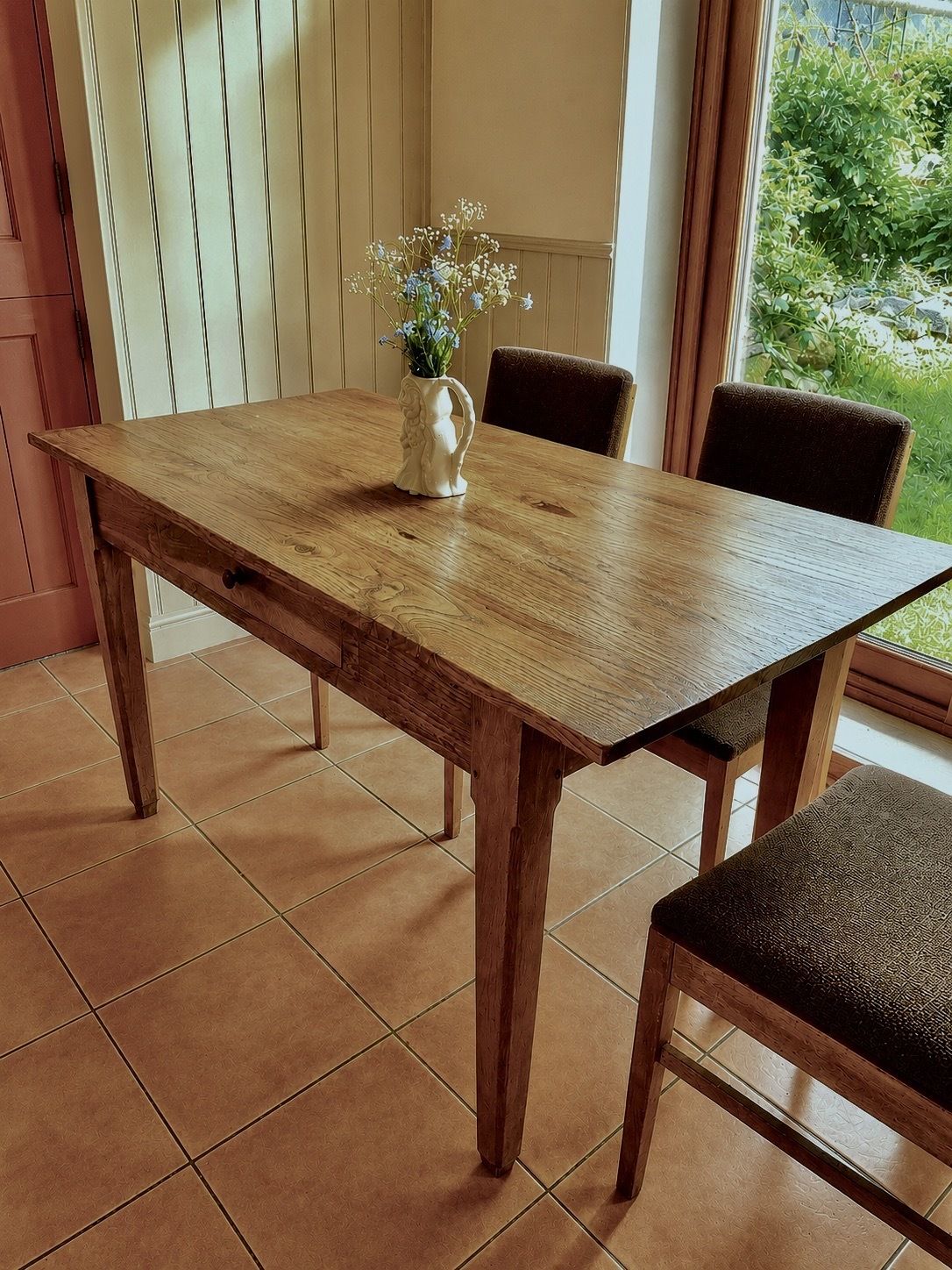 Antique Rustic French Oak & Elm Country Farmhouse Kitchen Dining Table On Tapered Legs