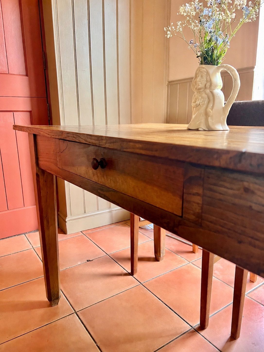 Antique Rustic French Oak & Elm Country Farmhouse Kitchen Dining Table On Tapered Legs photo furniture