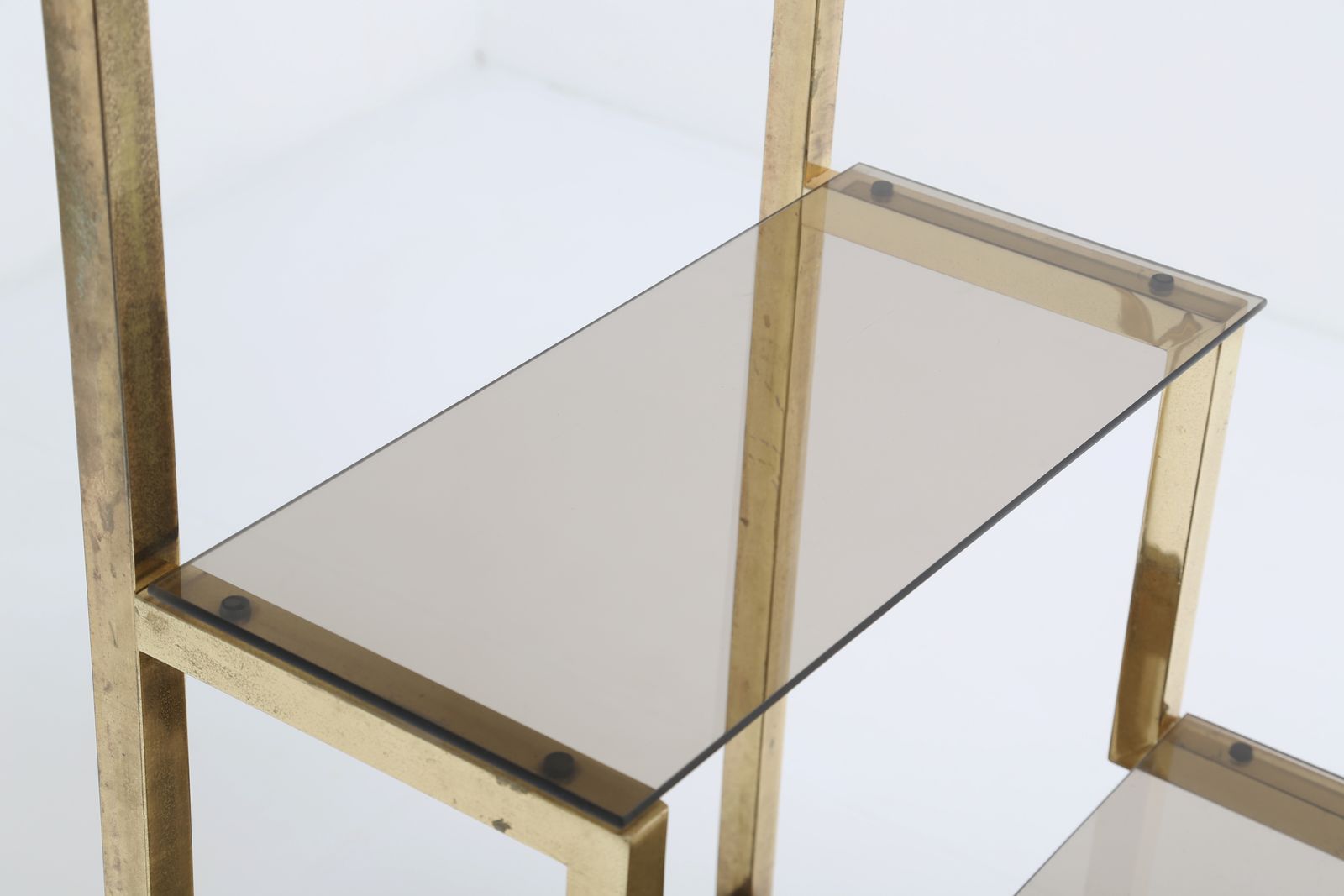 Furniture Mid Century Modern Italian Brass étagère Display Shelves With Glass Inserts By Romeo Rega, 1970s photo