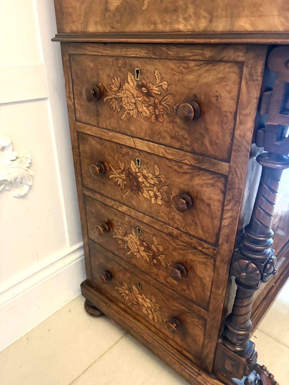 photo buy Antique 19th Century Burr Walnut Floral Marquetry Davenport