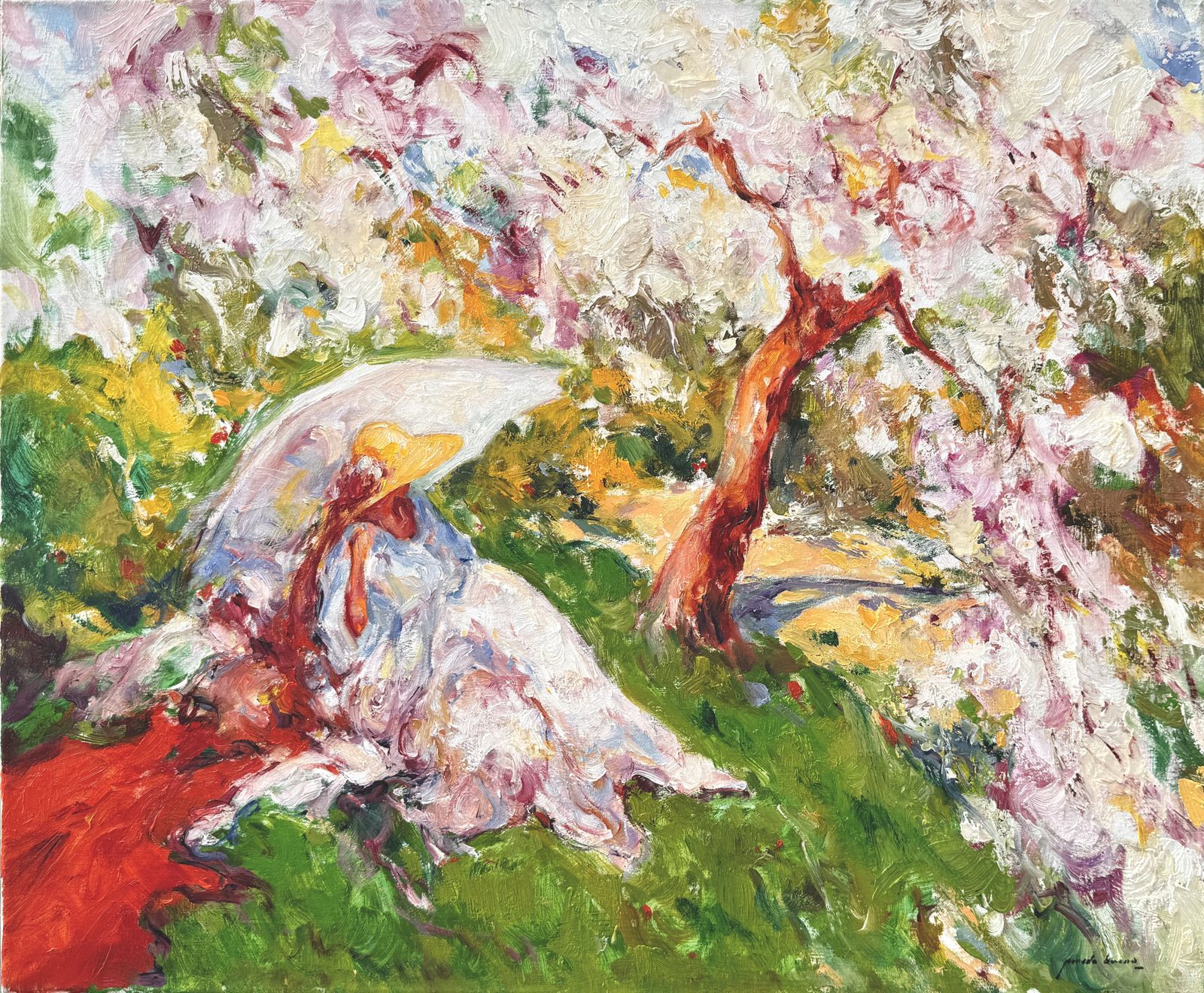 Jose Antonio Pineda Bueno Mediterranean Garden With Woman Under Almond Blossom Impressionist Oil Canvas 1990s