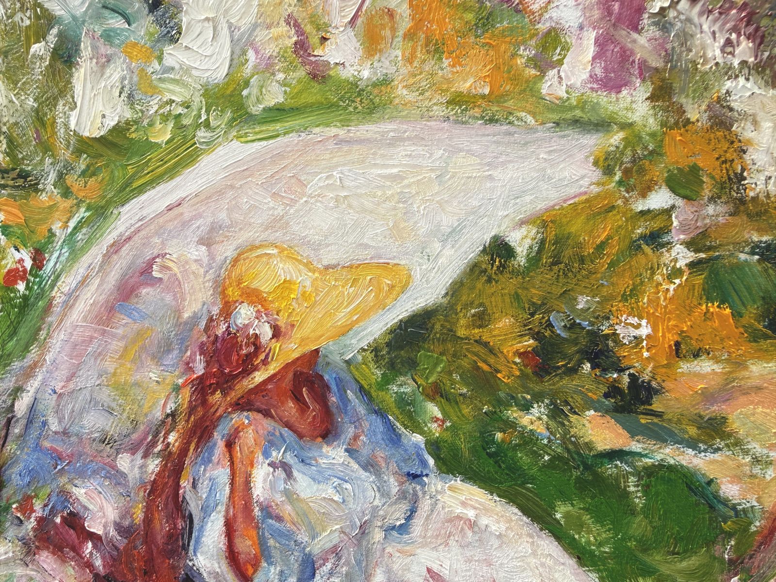 Jose Antonio Pineda Bueno – Mediterrane tuin met vrouw onder amandelbloesem – Impressionistisch olieverfschilderij op doek, jaren 1990 photo Kunst