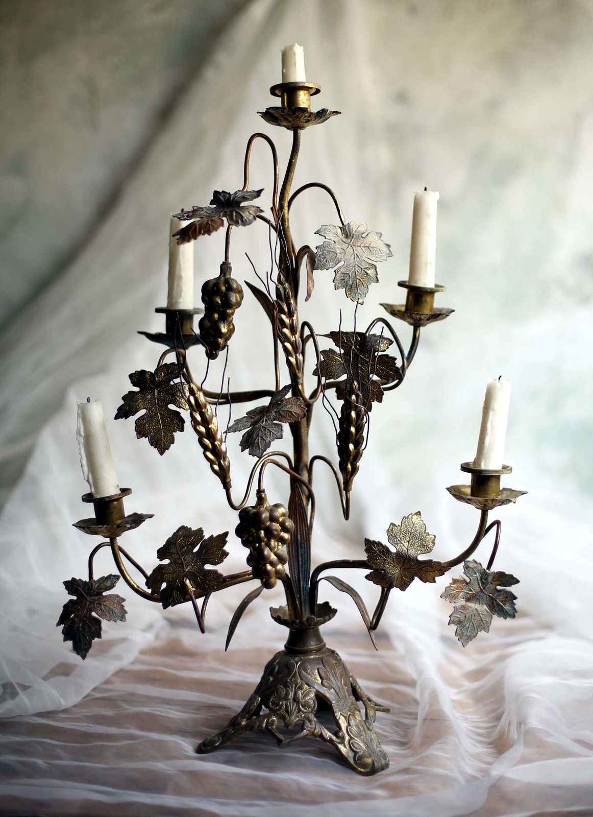 Home Decor Antique Candelabra French Church Alter Piece Grape Vines & Wheat Bronze Rococo Gilded photo
