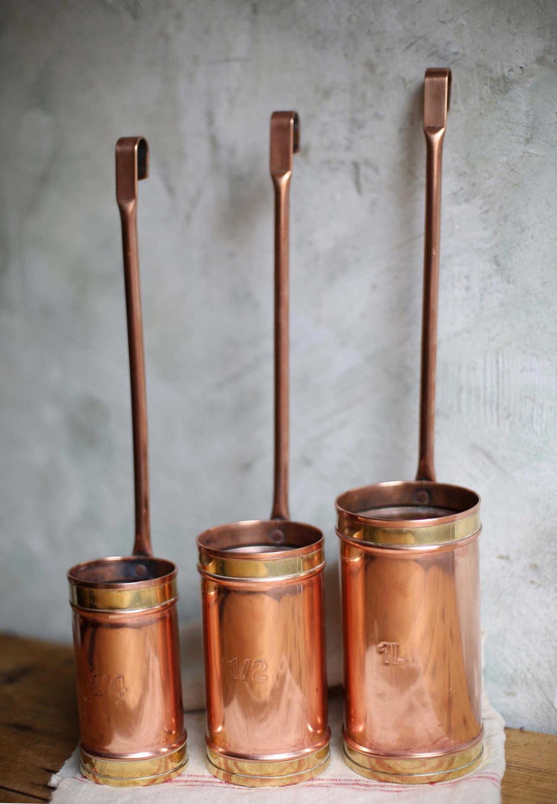 Set Of 3 Antique French Measures Copper & Brass Measuring Cups With Long Handles photo Home Decor