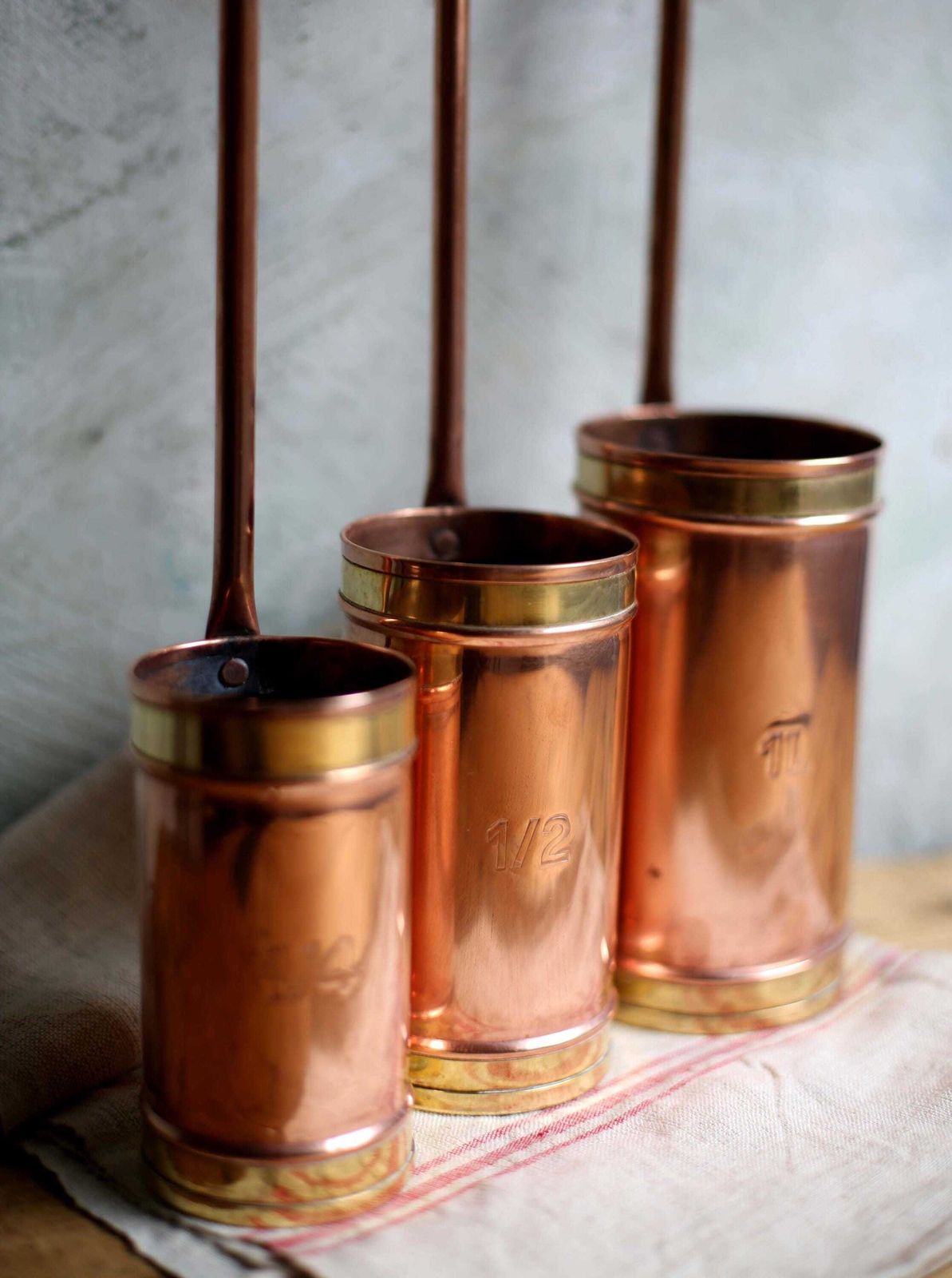 Set Of 3 Antique French Measures Copper & Brass Measuring Cups With Long Handles photo buy