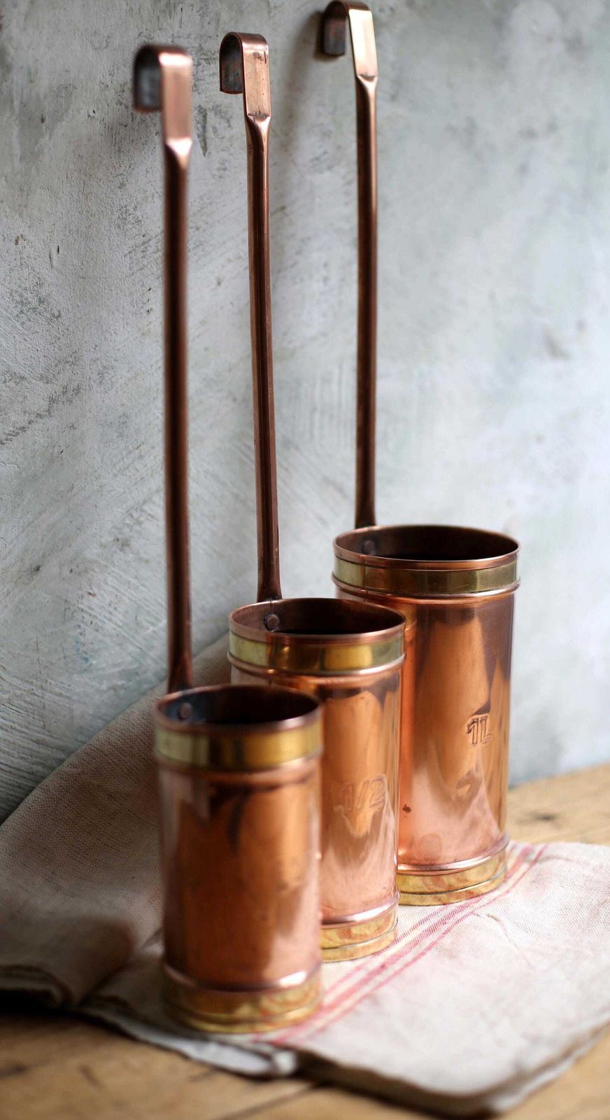 photo for sale Set Of 3 Antique French Measures Copper & Brass Measuring Cups With Long Handles