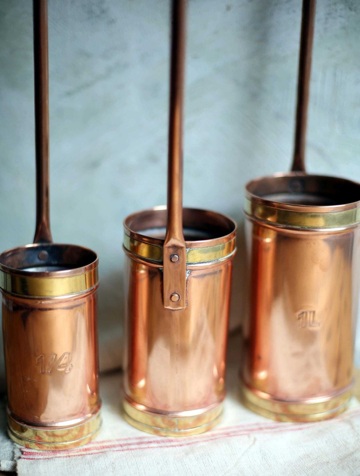134.0 Set Of 3 Antique French Measures Copper & Brass Measuring Cups With Long Handles photo