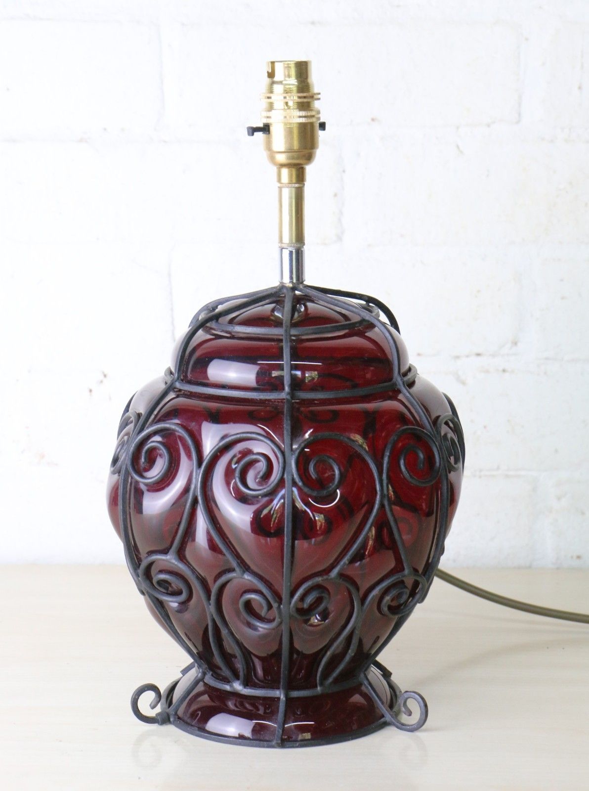 Antique Table Lamp Italian Cage Blown Glass Lamp Ruby Red 1920's Venetian Glass